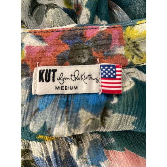 Kut From the Kloth green floral sheer button down convertible sleeve blouse med - Picture 6 of 8